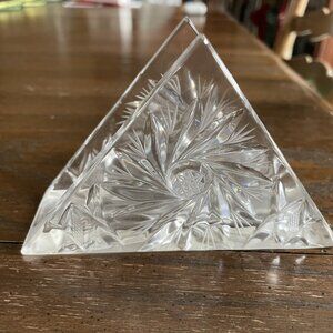 Vintage Triangle Napkin Letter Holder Lead Crystal Pinwheel Star Hand Cut EUC